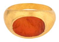 Men's High Karat Yellow Gold Greco/Roman Ring with Large Glass Intaglio of an Angel and a Man