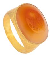 Ladies Roman, High Karat Yellow Gold Ring with a Beautiful Carnelian Intaglio of Roman Goddess Fortuna