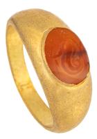 Ladies Ancient Greek, High Karat Gold Ring with an Intriguing Carnelian Intaglio of Echidna, Half Serpent & Half Woman