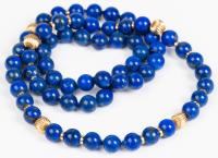 Beautiful Deep Blue Lapis Bead Necklace, Individually Knotted, with 6 Fluted 14K Yellow Gold Beads and 20 Tiny Gold Spacers.
