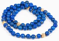 Beautiful Lapis Bead Necklace, Individually Knotted, with 5 Fluted 14K Yellow Gold Beads and 10 Tiny Gold Spacers. 32" in Length