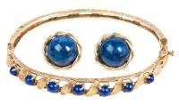 Lovely Ensemble of 14K Yellow Gold and Lapis Hinged Bracelet with Matching Post Earrings. Superior Pre-Owned Condition