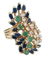 Ladies Dazzling Vintage Cocktail Ring in 14K Yellow Gold, Diamonds, Emeralds and Sapphires.