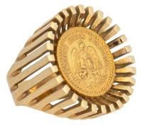 Ladies Authentic 2.5 Mexican Gold Peso Ring in a Stunning Custom 14K Ring Its Design, a Nod to the Mid-Century Modern Movement