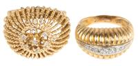 Two Ladies 14K Yellow Gold Rings with Unusual Textures and Patterns with Tiny Accent Diamonds.