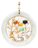 Lovely Jade Hoop Pendant with Beautiful 14K Yellow Gold Bonsai Tree Wirework with Semi-Precious Stones as Blossoms