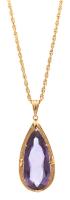 A Fantastic Pendant Necklace with a Large Tear Drop Amethyst in a Custom 14K Yellow Gold Bezel and 24" 14K Yellow Gold Twist Cha