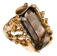 Ladies Striking and Appealing Golden Brown Topaz Cocktail Ring in a Marvelous Handcrafted, 14K Yellow Gold, Contemporary Mount