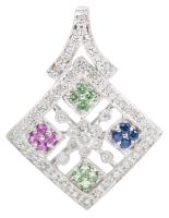 Ladies Colorful 10K White Gold Pendant with Diamonds and Blue, Green an Pink Sapphires.