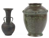 Handsome Chinese Bronze Vase with Archaic Relief Details PLUS Bronze Bud Vase with Handles
