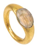 Impressive High Karat Yellow Gold Ancient Greek Ring with a Clear Agate Intaglio of Male Soldier with Cloak