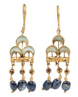 Beautiful High Karat Yellow Gold Revival Dangling Earrings Light and Deep Blue Glass Drops. Absolutely Wearable