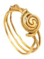 Very Petite (Or Child's) High Karat Yellow Gold Ring Formed By a Single Gold Wire Which Caps in a Rosette Pattern