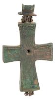 Bronze Byzantine Reliquary Cross called an "Enkolpion" with a Crude Figure of Christ etched on Obverse and Reverse