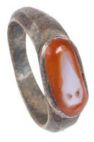 Unusual Byzantine Silver Ring with a Carved Carnelian Stone of a Bird's Head