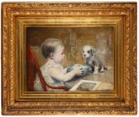 Freer, Frederick Warren. "Toddler Feeding Puppy" (Original Oil on Canvas)