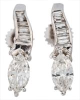 Lady's Elegant 18K White Gold Marquis and Baguette Diamond Earrings Totaling 1.83 Carats.