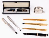 Six Writing Instruments: Three (1) Montblanc Fountain Pen (2) Waterman (2) Parker and (1) Caran d'Ache + Travelling Inkwell