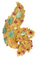 Magnificent Middle 20th Century Ladies 18K Yellow Gold Brooch with Carved Emeralds, Diamonds and Rubies