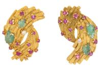 Pair of Dramatic Yet Elegant 18K Yellow Gold Clip in a Foliate Design Studded with Rubies and Emeralds
