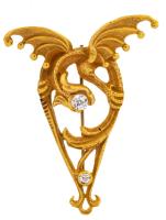 Vintage, Art Nouveau Styled Mystical Winged Dragon Beast Pin with Two Fine Diamonds, Beautifully Cast in 14K Yellow Gold