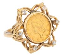 Ladies 14K Yellow Gold and Authentic Liberty Head $1 Gold Piece Dated 1851 with 6 Accent Diamonds