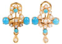 Stunning, 22K Yellow Gold Ladies Post & Clip Earrings with Lustrous Seed Pearls and Intense Persian Turquoise