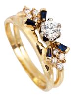 Lovely Bridal Set With .25 Diamond Solitaire and Unusual Wedding Band of Flanking Diamonds and Sapphires in 14K Yellow Gold