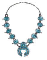 Superior Sterling Silver and Sleeping Beauty Turquoise Squash Blossom Necklace by Celebrated Navajo Artist, Larry Moses Begay, 1