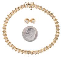 Ladies Petite 14K Yellow Gold and Diamond Tennis Bracelet and Matching Stud Earrings Totaling Approximately 3.70 Carats