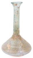 Elongated Tall-Necked Unguentarium in Green Glass with an Abundance of Opalescent Iridescence with Raised Ringed Base
