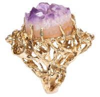 Ladies Appealing and Fun, Chunky, 14K Yellow Gold Lost Wax Ring Centered with an Amethyst Crystal Nugget