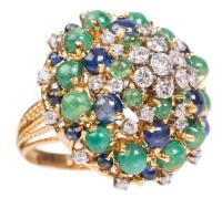 Ladies 14K Yellow Gold and Diamond Cluster Ring with Cabochons of Emeralds and Sapphires.