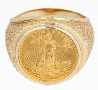 Ladies or Men's 14K Yellow Gold Ring with an Authentic 1992 $5 Gold Coin in Beautiful Condition.