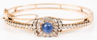 Ladies 14K Yellow Gold, Diamond and Beautiful Sapphire Cabochon Hinged Bracelet