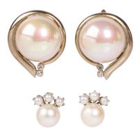 Ladies 10K Yellow Gold and Mabe Pearl Earrings with Accent Diamonds and a Pair of Pearl Stud Earrings