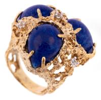 Ladies 10K Gold Ring with Three Large Pear Shaped Lapis with 4 White Accent Diamonds Adding Sparkle