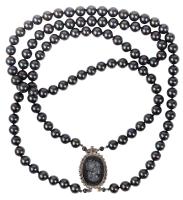 Double Strand of Hand Made Majorca Black Pearls with Onyx Cameo Clasp