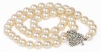 Lovely, Classic Single Strand of Pearls with a 14K White Gold and Diamond Heart Shaped Clasp