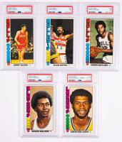 Five (5) 1976 Oversized Topps Cards Graded by PSA. Abdul Jabbar, Moses Malone, Jerry Sloan, Elvin Hayes, Norm Van Lier