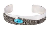 Native American Sterling Silver and Turquoise Textured Cuff Bracelet