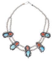 Navajo Sterling Silver Necklace with Turquoise and Coral Stations