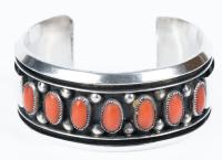 Sterling Silver Cuff Bracelet with Coral Cabochons, Marked "J.S."