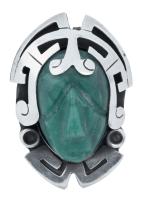 Taxco Sterling Silver Brooch with Carved Green Stone Mask