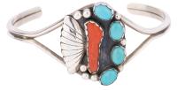 Native American Sterling Silver Coral and Turquoise Cuff Bracelet, Signed TM