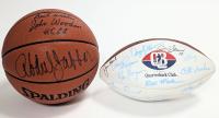 Two Autographed Balls; Basketball Signed by Legendary UCLA Coach John Wooden and Kareem Abdul Jabbar + Football Quarterback Club