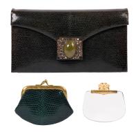 La Jeunesse Green Lizard Envelope Clutch with Cabochon Clasp and Accessories