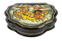 Russian Lacquer Box Boasting a Joyous Horse Drawn Sleigh of Four Village Women with Exceptionally Intricate Painted Borders on T