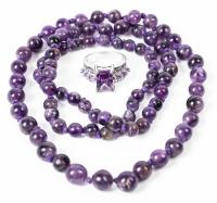 Ladies Amethyst Traveling Jewelry, Sterling Silver Ring and Beaded Necklace