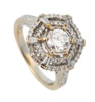 Ladies 18K White and Yellow Gold Ring with an Impressive .85 Carat Diamond at Center of Two Diamond Studded Hexagons